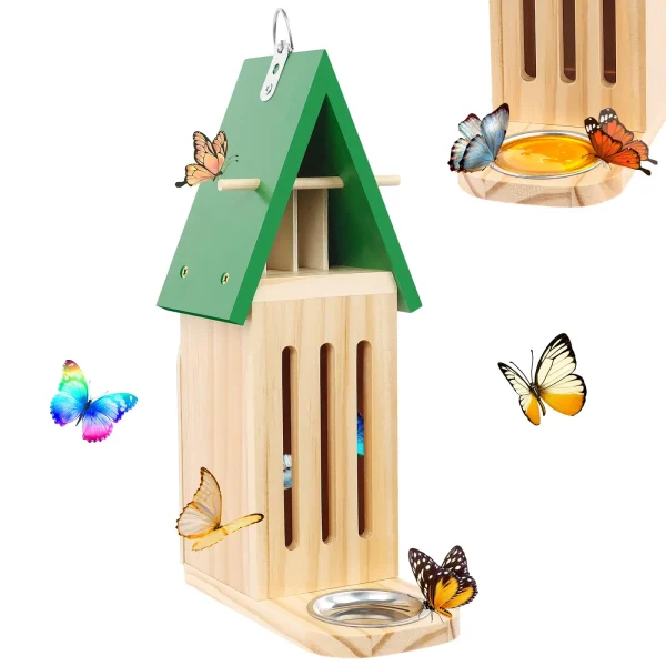 Outdoor butterfly houses and feeders, wooden butterfly houses in gardens, natural butterfly habitats, floors or tree walls